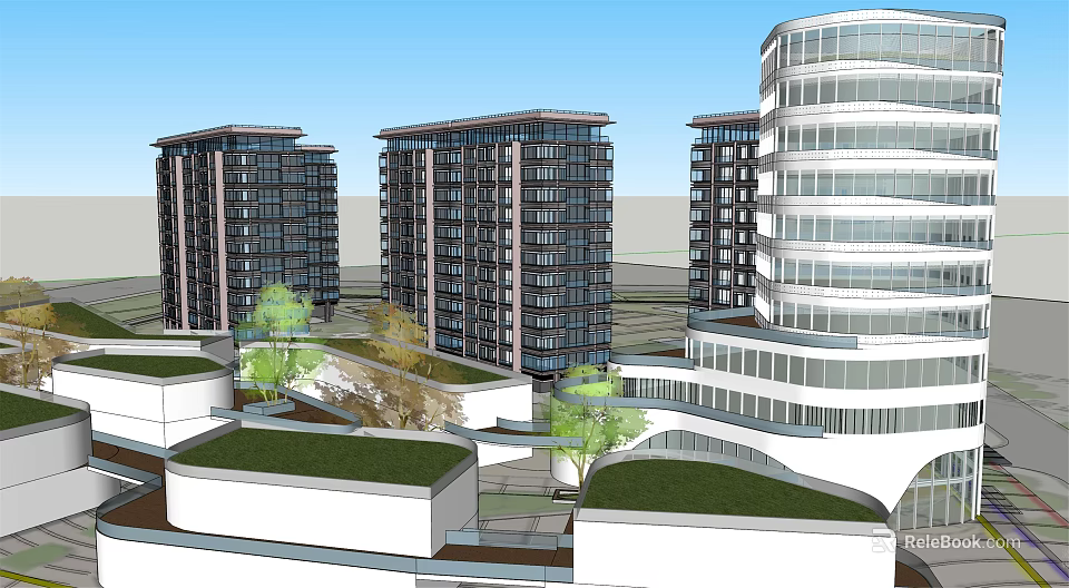 Modern High Rise Office Towers With Glass Facades Green Roofs And Trees 3d model 