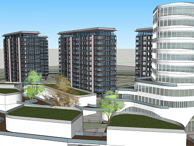 Modern High Rise Office Towers With Glass Facades Green Roofs And Trees 3d model