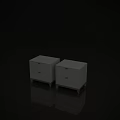 Two Modern White Nightstands With Geometric Pattern Drawers And Light Wooden Legs