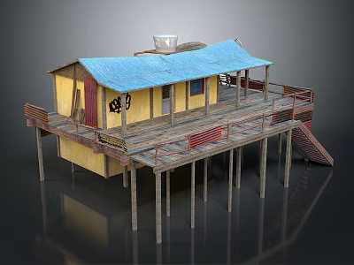 Traditional Stilted House With Yellow Walls Blue Roof And Wooden Deck Staircase 3d model