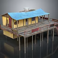 Traditional Stilted House With Yellow Walls Blue Roof And Wooden Deck Staircase