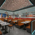 Modern Restaurant Interior With Orange Black Booths Dining Tables Marble Flooring And Decorative Ceiling