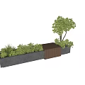 Bonsai and Potted Green Plants in Gray Concrete Planter with Grasses Shrubs and Wooden Bench