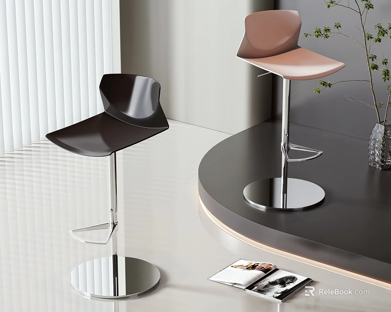 Modern Black And Pink Bar Stools With Metal Base In Contemporary Interior With Bar Counter 3d model 