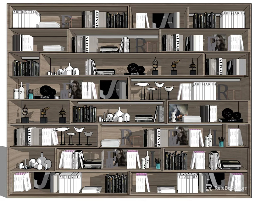 Stylish Bookshelf Interior With Books Decorative Figurines Vases And Lamps 3d model 