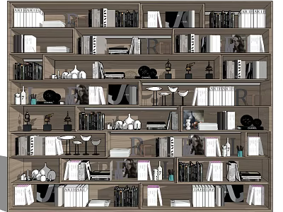 Stylish Bookshelf Interior With Books Decorative Figurines Vases And Lamps 3d model