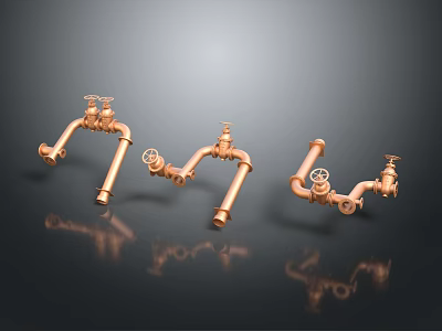 Copper Pipe Fittings with Valves and Turn Handles on Reflective Surface 3d model
