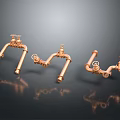 Copper Pipe Fittings with Valves and Turn Handles on Reflective Surface