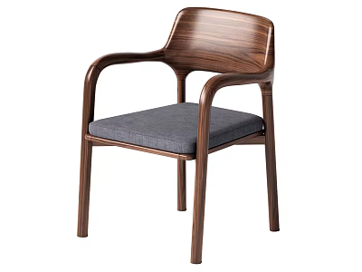 Modern Walnut Wood Dining Chair With Armrest And Gray Cushioned Seat Design 3d model