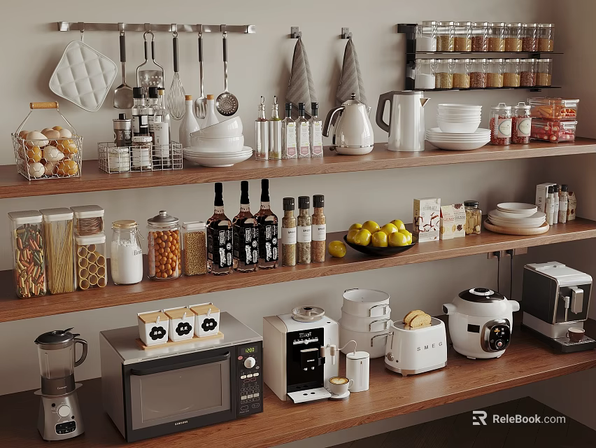 Organized Kitchen Shelves With Microwave Coffee Maker Rice Cooker Blender And Storage Jars 3d model 