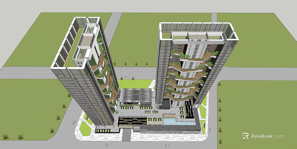 Modern High Rise Residential Building With Green Vertical Gardens And Community Plaza 3d model 