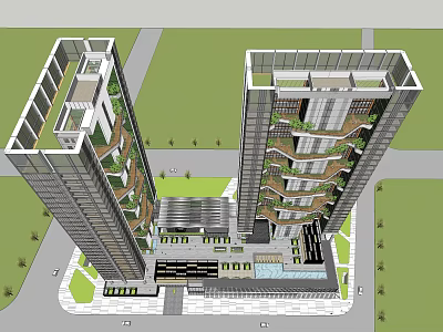 Modern High Rise Residential Building With Green Vertical Gardens And Community Plaza 3d model