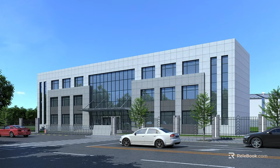 Modern Office Building With Glass Facade Gray Exterior Walls Large Windows Trees And White Car 3d model 