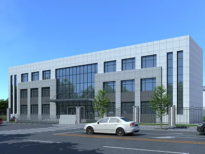 Modern Office Building With Glass Facade Gray Exterior Walls Large Windows Trees And White Car 3d model