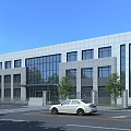 Modern Office Building With Glass Facade Gray Exterior Walls Large Windows Trees And White Car