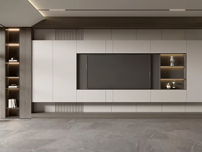 Modern Living Room TV Wall Design With White Cabinets Wooden Shelves And Built In TV 3d model
