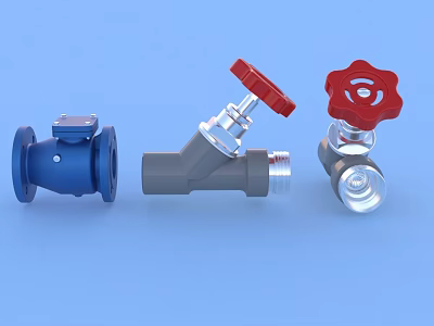 Different Types of Pipe Valves with Blue Gray and Silver Bodies and Red Handles 3d model