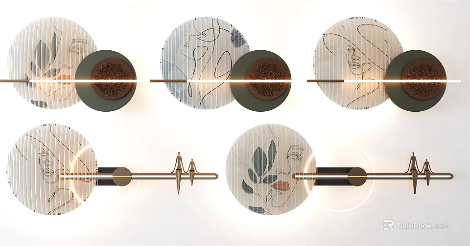 Modern Circular Wall Decor with Transparent Panels and Hand Painted Leaf Motifs on Metal Brackets 3d model 