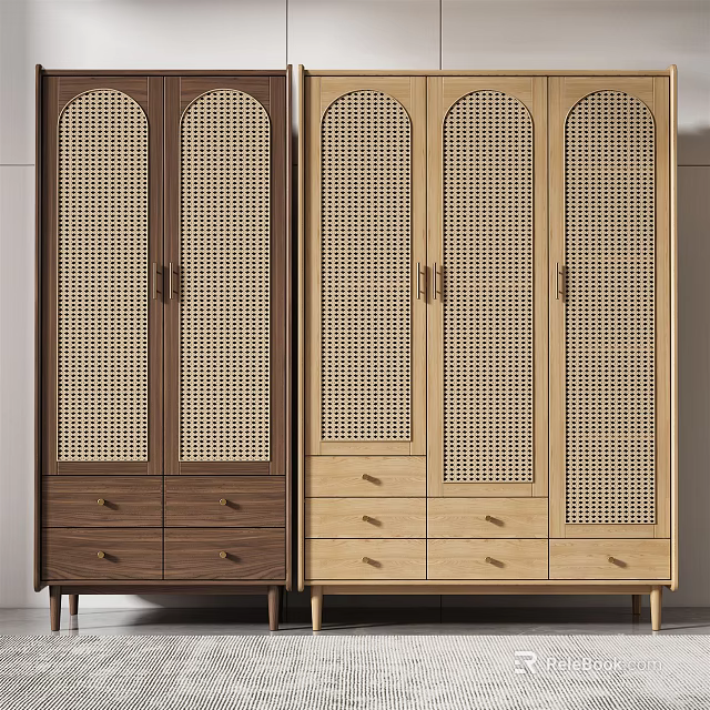 Modern Wicker Door Wardrobe With Drawers In Dark Brown And Light Wood 3d model 
