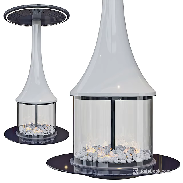 Modern White Fireplace Design With Glass Enclosure White Stones And Black Base 3d model 