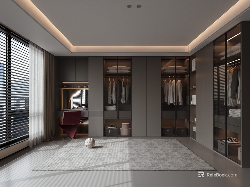 Modern Walk-in Closet Interior Design With Grey Cabinets Hanging Clothes Window Blinds And Area Rug 3d model 