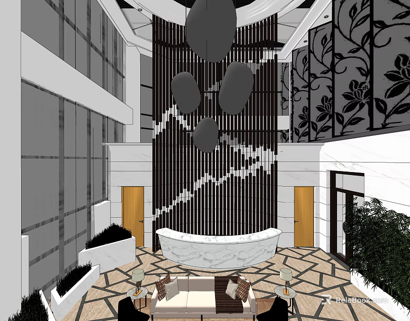 Modern Hotel Lobby Interior With Vertical Striped Decor Marble Reception Desk And Geometric Flooring 3d model 