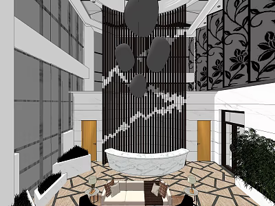 Modern Hotel Lobby Interior With Vertical Striped Decor Marble Reception Desk And Geometric Flooring 3d model