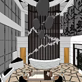 Modern Hotel Lobby Interior With Vertical Striped Decor Marble Reception Desk And Geometric Flooring