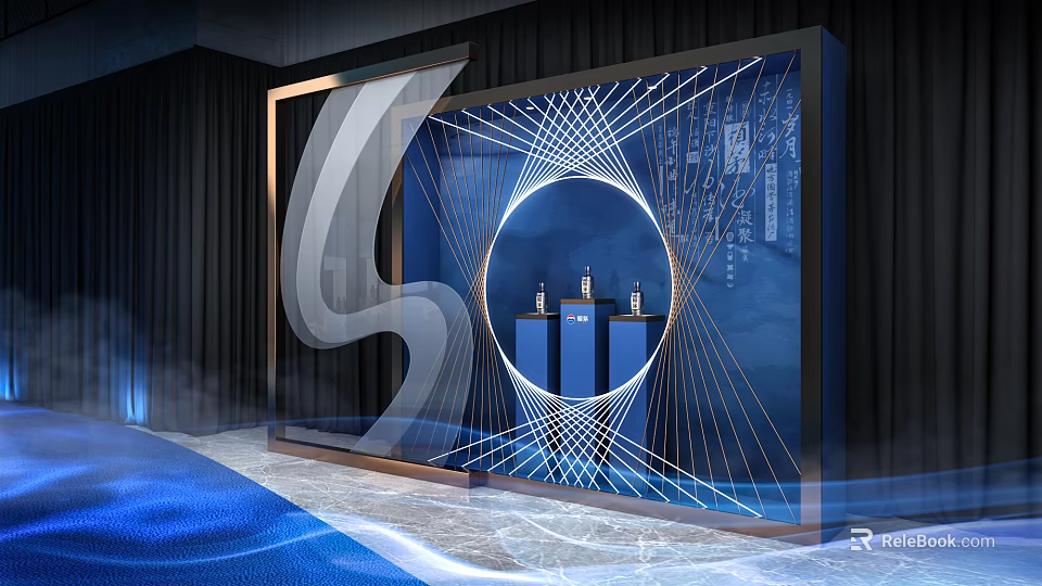 Elegant Modern Display Showcase With Blue Background Geometric Lines And Bottle Exhibits 3d model 