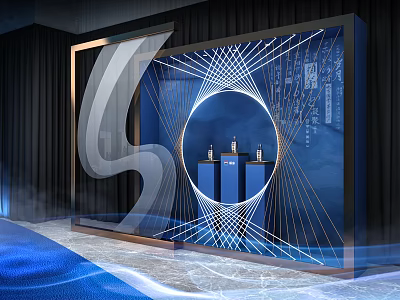 Elegant Modern Display Showcase With Blue Background Geometric Lines And Bottle Exhibits 3d model