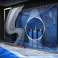 Elegant Modern Display Showcase With Blue Background Geometric Lines And Bottle Exhibits