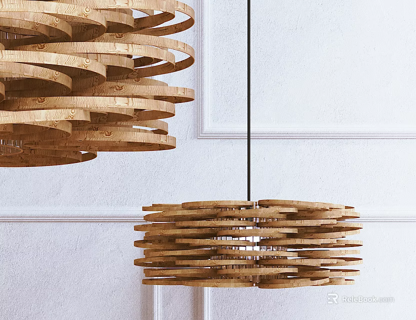 Modern Wooden Layered Circular Chandelier Hanging In Contemporary Interior Space 3d model 