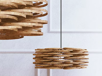 Modern Wooden Layered Circular Chandelier Hanging In Contemporary Interior Space 3d model