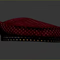 Red Round Hat With Striped Surface And Polka Dot Details Featuring Black Trim