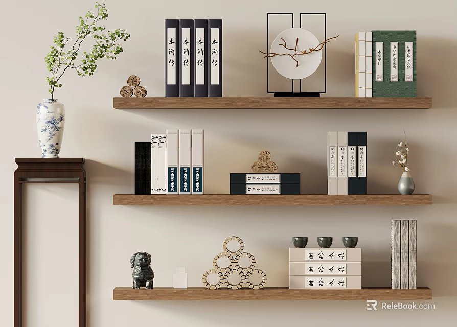 Traditional Chinese Wooden Shelves Displaying Classic Books Magazines With Ceramic Vase Plant And Decorative Ornaments 3d model 
