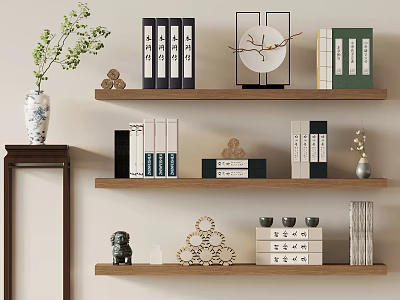 Traditional Chinese Wooden Shelves Displaying Classic Books Magazines With Ceramic Vase Plant And Decorative Ornaments 3d model