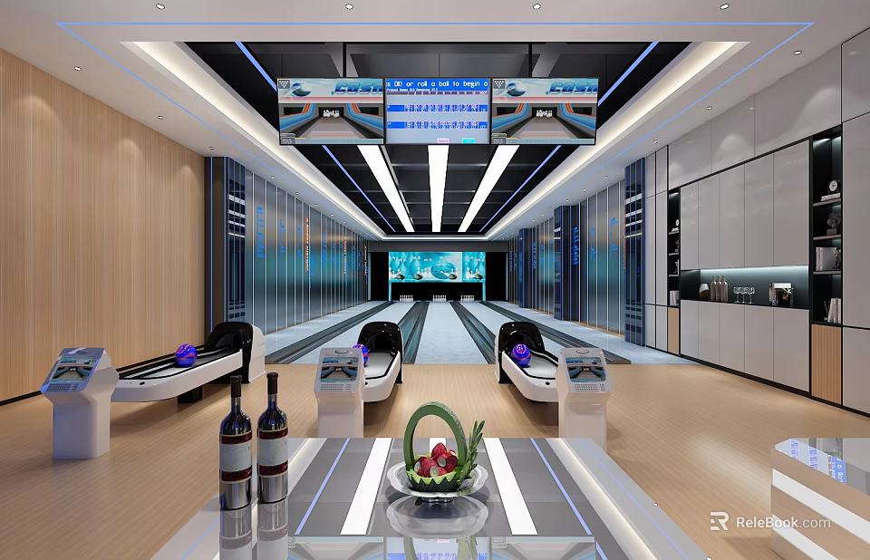 Modern Bowling Alley Interior With Shiny Lanes Bowling Pins Fruit Platter And Wine Bottles 3d model 