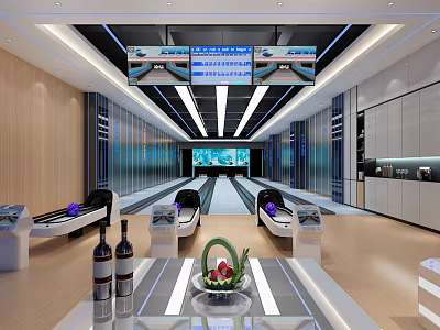 Modern Bowling Alley Interior With Shiny Lanes Bowling Pins Fruit Platter And Wine Bottles 3d model