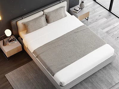 Modern Double Bed with Gray and White Bedding Nightstands and Table Lamps 3d model