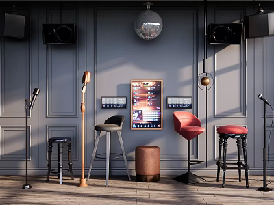 Stylish Audio Room Interior Featuring Headphones Wall Speakers Disco Ball And Bar Stools 3d model