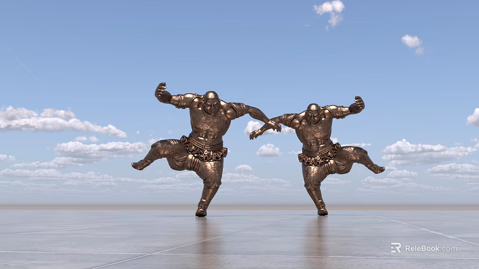 Bronze Figure Landscape Sculptures In Dynamic Jumping Pose Against Blue Sky And White Clouds 3d model 
