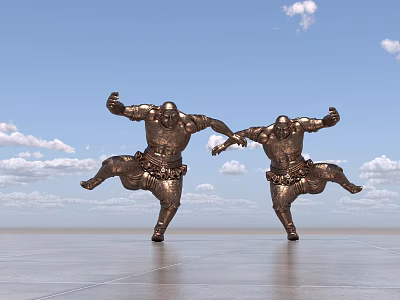 Bronze Figure Landscape Sculptures In Dynamic Jumping Pose Against Blue Sky And White Clouds 3d model