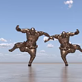 Bronze Figure Landscape Sculptures In Dynamic Jumping Pose Against Blue Sky And White Clouds