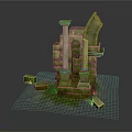 Ancient Weathered Stone Ruin Structure With Moss Covered Archway And Pillars