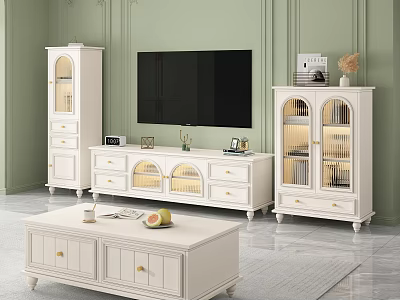 Modern White TV Stand with Glass Door Cabinets and Coffee Table Living Room Decor 3d model