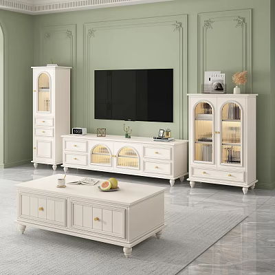 Modern White TV Stand with Glass Door Cabinets and Coffee Table Living Room Decor 3d model