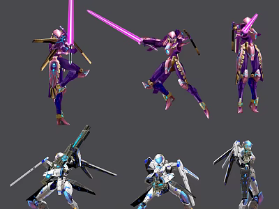 Multiple Smart Robots Show Various Poses With Colorful Mechanical Designs And Lightsabers 3d model