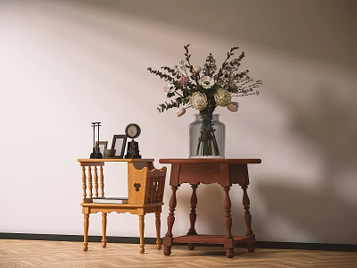 Two Light And Dark Wooden Side Tables With Vase Flowers And Decorative Items 3d model
