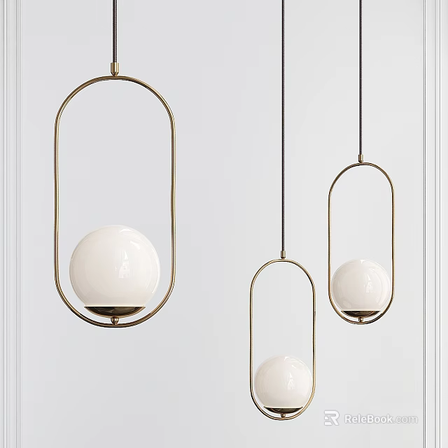 Three Pendant Lights with Oval Metal Frames and White Spherical Shades Hanging Against White Wall 3d model 