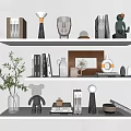 Minimalist Decorative Ornament Set on Wall Shelves with Books Green Plants and Sculptures